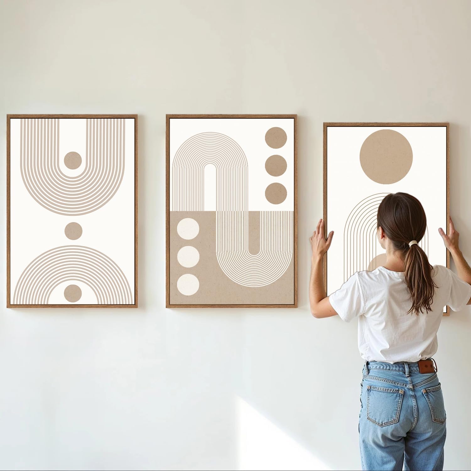 YeeHomedec Boho Beige Neutral Framed Canvas Wall Art, Mid Century Modern Wall Decor, Bohemian Abstract Minimalist Artwork, Geometric Line Circle Art Painting for Living Room Bedroom Office 16"x24"x3