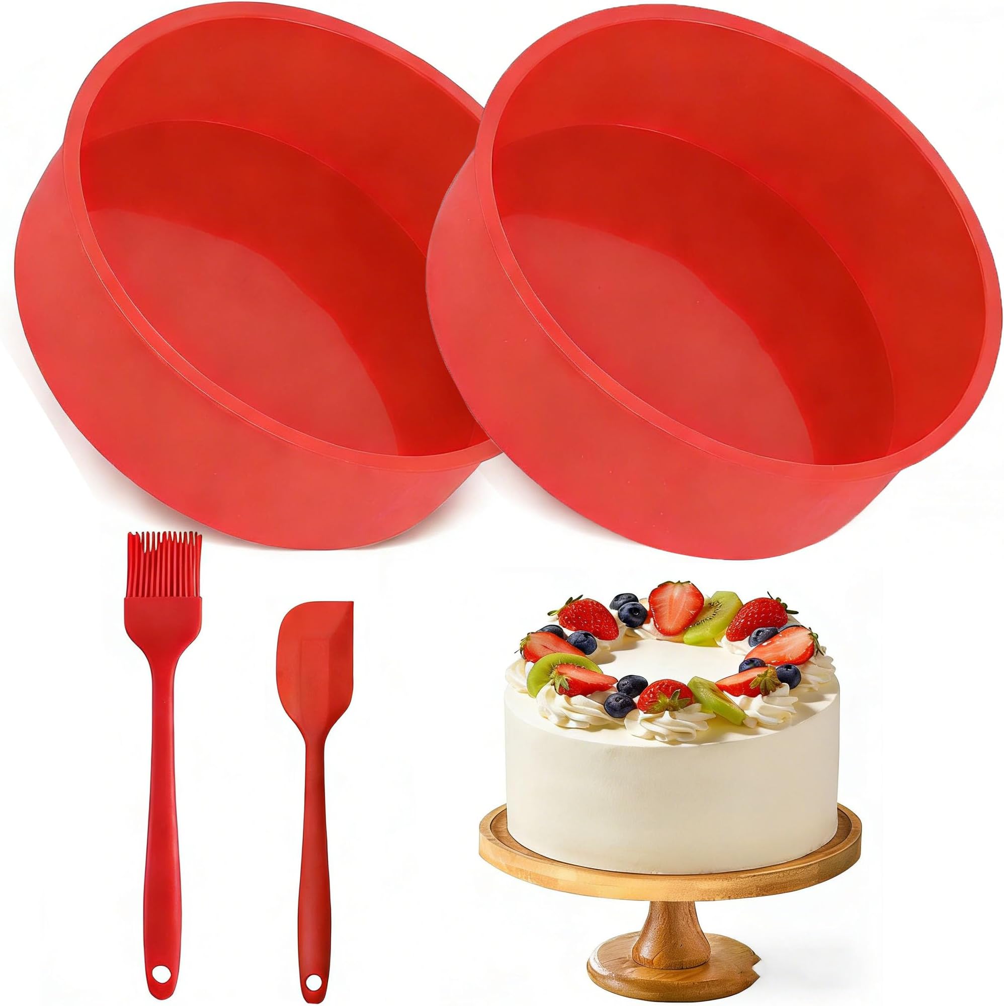 2-Pack Round Cake Tin Set, 10 Inch Nonstick Silicone Baking Molds with Brush and Scraper, Reusable BPA Free Cake Tins for Muffins, Bread, Pudding and Desserts