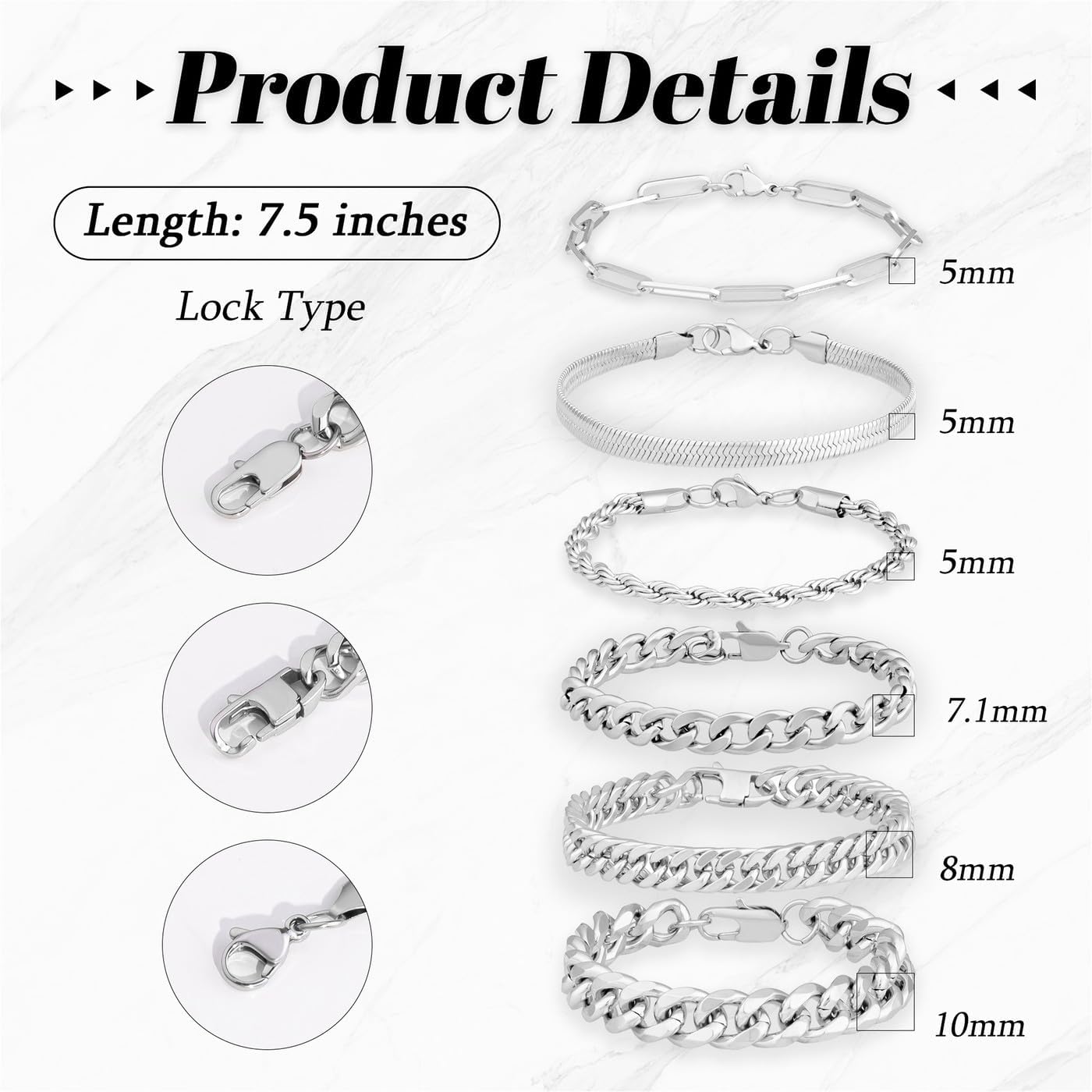 YATOJUZI 6 Pcs Stainless Steel Bracelets for Men Bracelets for Men Cuban Link Bracelet Rope Paperclip Snake Chain Bracelet Set 7.5/8.3/9 Inches Mens Metal Accessories - Image 6