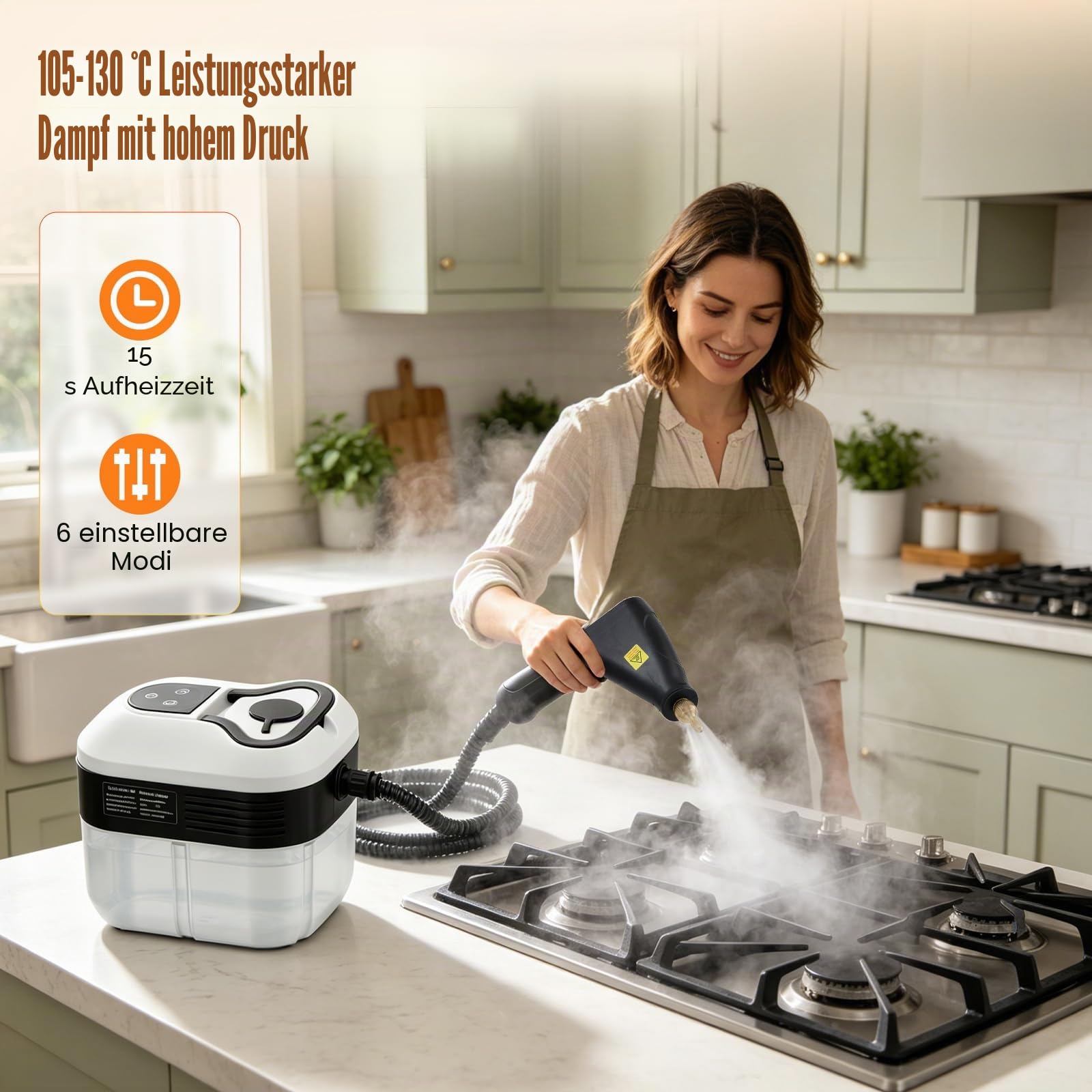 4.5BAR Dampfreiniger Handgerät, 2500W Hochdruck-Steam Cleaner mit 1800ml Wassertank, 15 Sekunden Schnellaufheizung, 6-stufig Verstellbar, für Küche Bad Auto Boden Polster – Chemiefrei & Sterilisiert