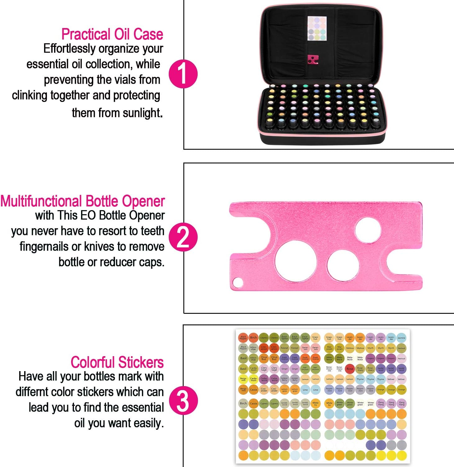 Essential Oils Storage – FITNATE Essential Oils Case for 5ml 10ml 15ml Essential Oils, Essential Oil Travel Case with Essential Oils Labels& Bottle Opener (70 bottles, Pink)