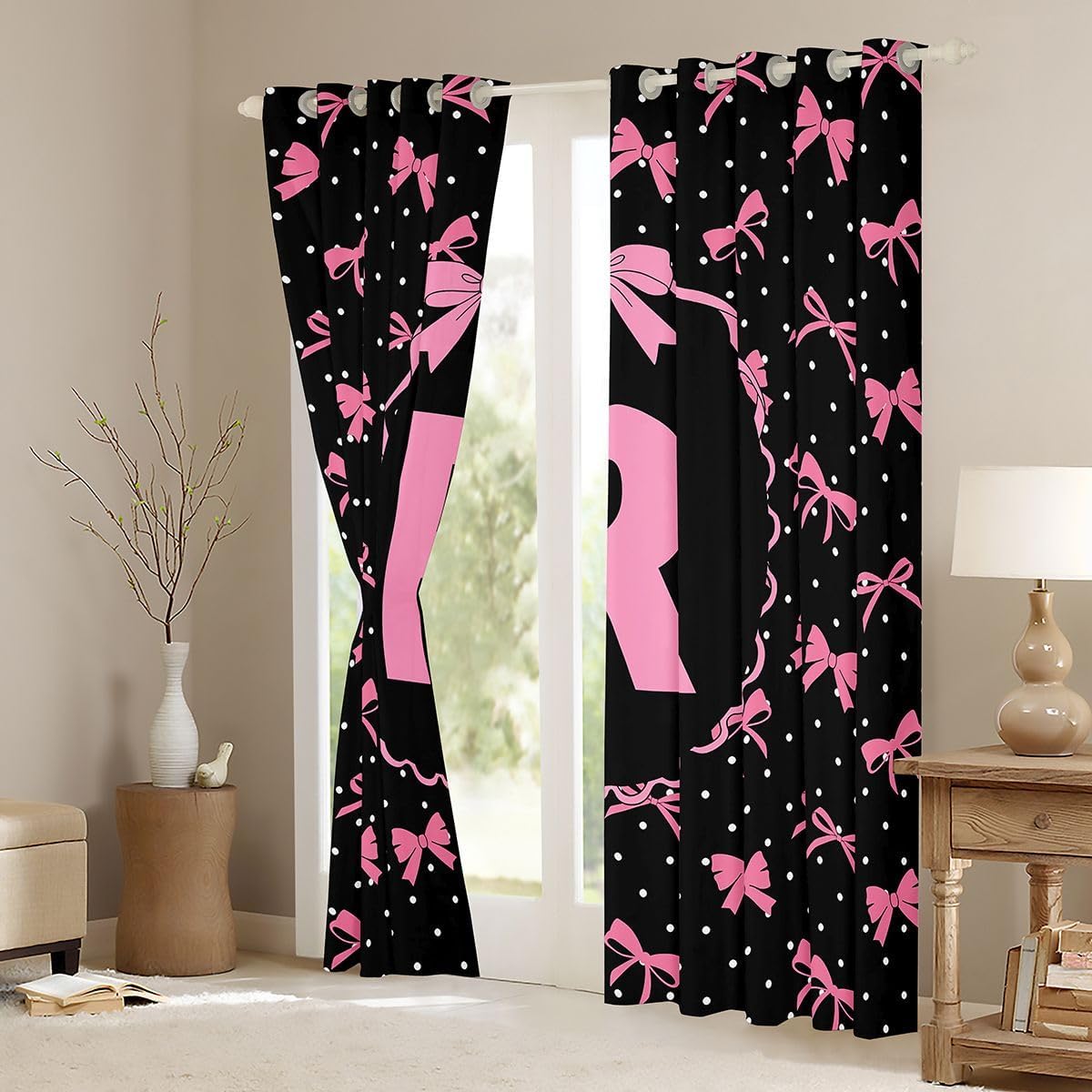 Feelyou Cute Bowknot Curtains for Bedroom Living Room Bow Princess Blackout Shades Personalized Letter R Room Darkening Curtain Window Treatments, 2 Panels 42 x 90 Inch Decor image 3