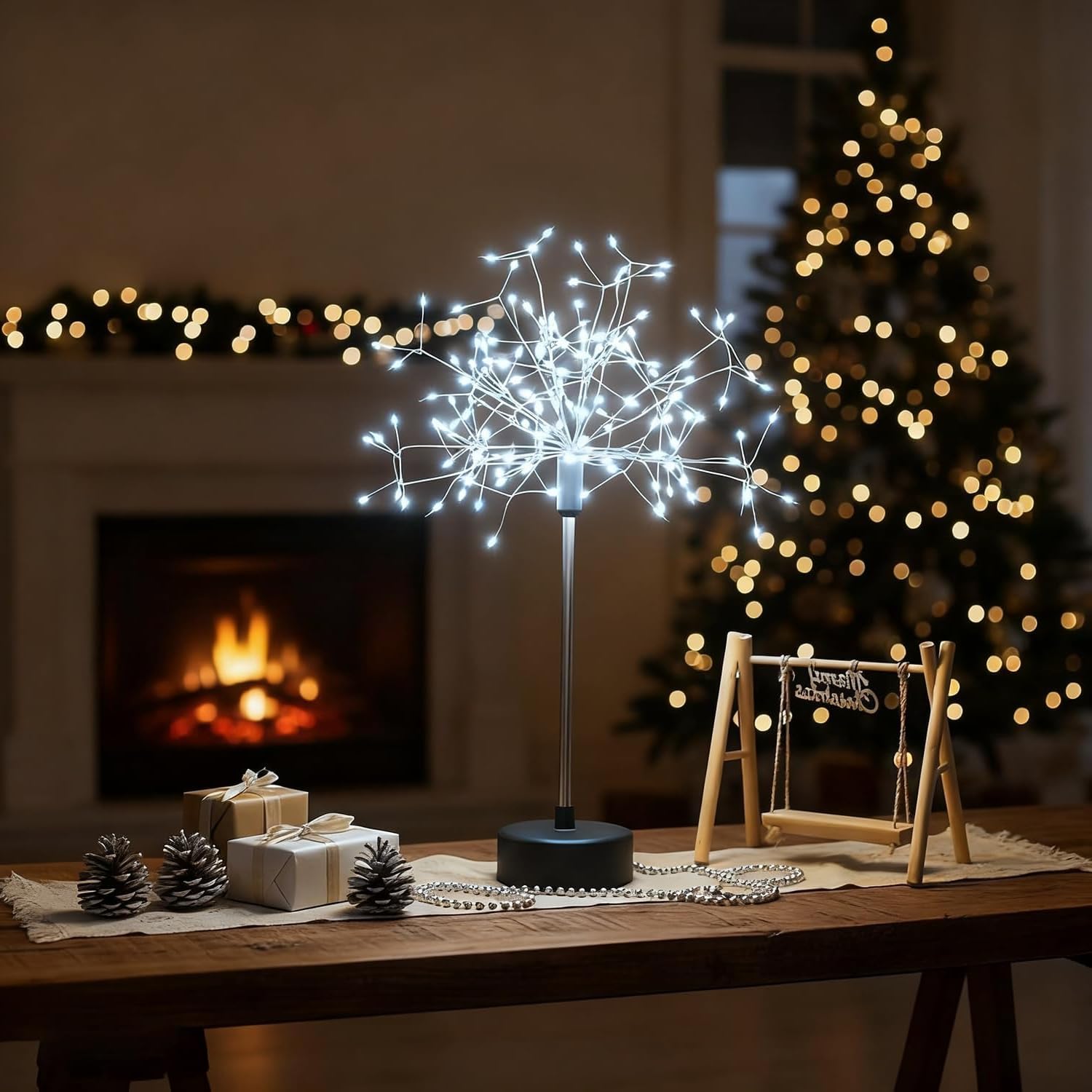 Nest and Flowers Table Lights Fireworks, Mini Table Dandelion LED Lamp, Firework Centerpiece Lights for Christmas Decoration, Indoor Home Holiday Tables Night Light Decor Gifts (White,1PC) — image 1