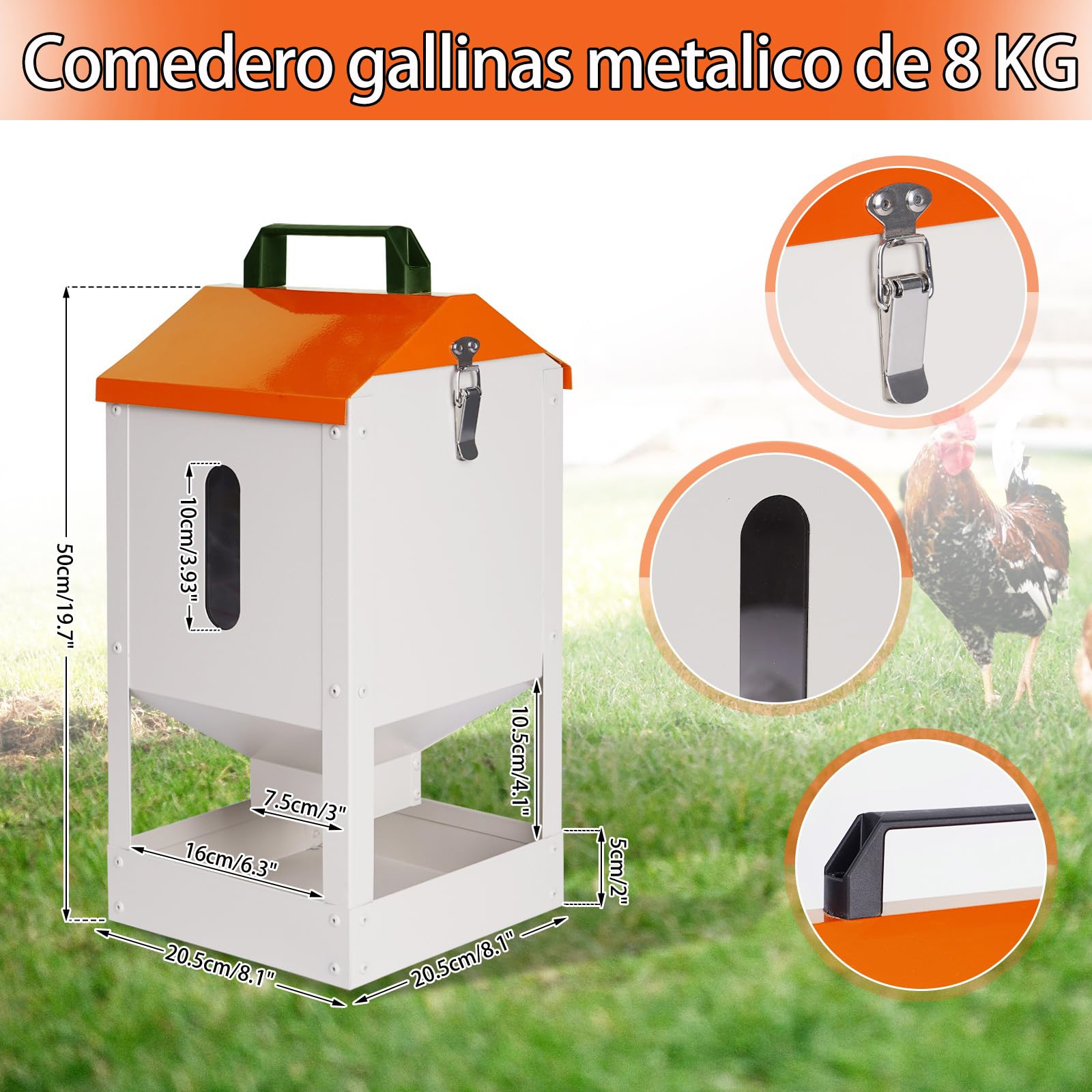 Comedero Gallinas De Acero Galvanizado 8KG Dispensadores De Pienso, Comedero Automático Para Gallinas, Patos, Pájaros, Comederos Para Aves De Corral Grandes, Visual