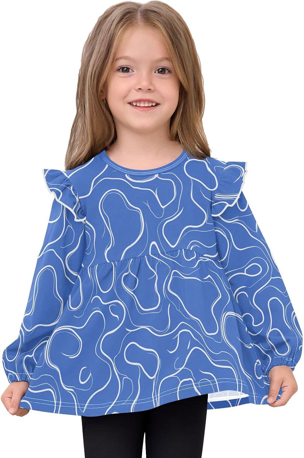 visesunny Toddler Clothes for Girls Light Blue Contour Lines Long Sleeve Fall Shirts Cotton Top with Ruffle Collar