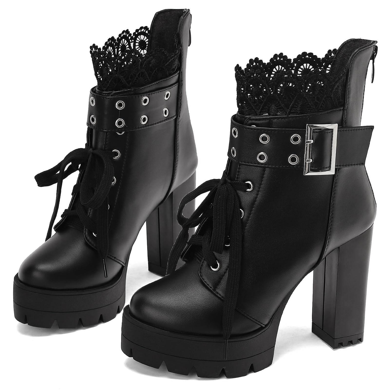 MEOTINA Goth Platform Boots Combat Boots Chunky Heel Ankle Booties for Women Punk Buckle Gothic Boot with Zipper Lace Up Dress Shoes Black/White
