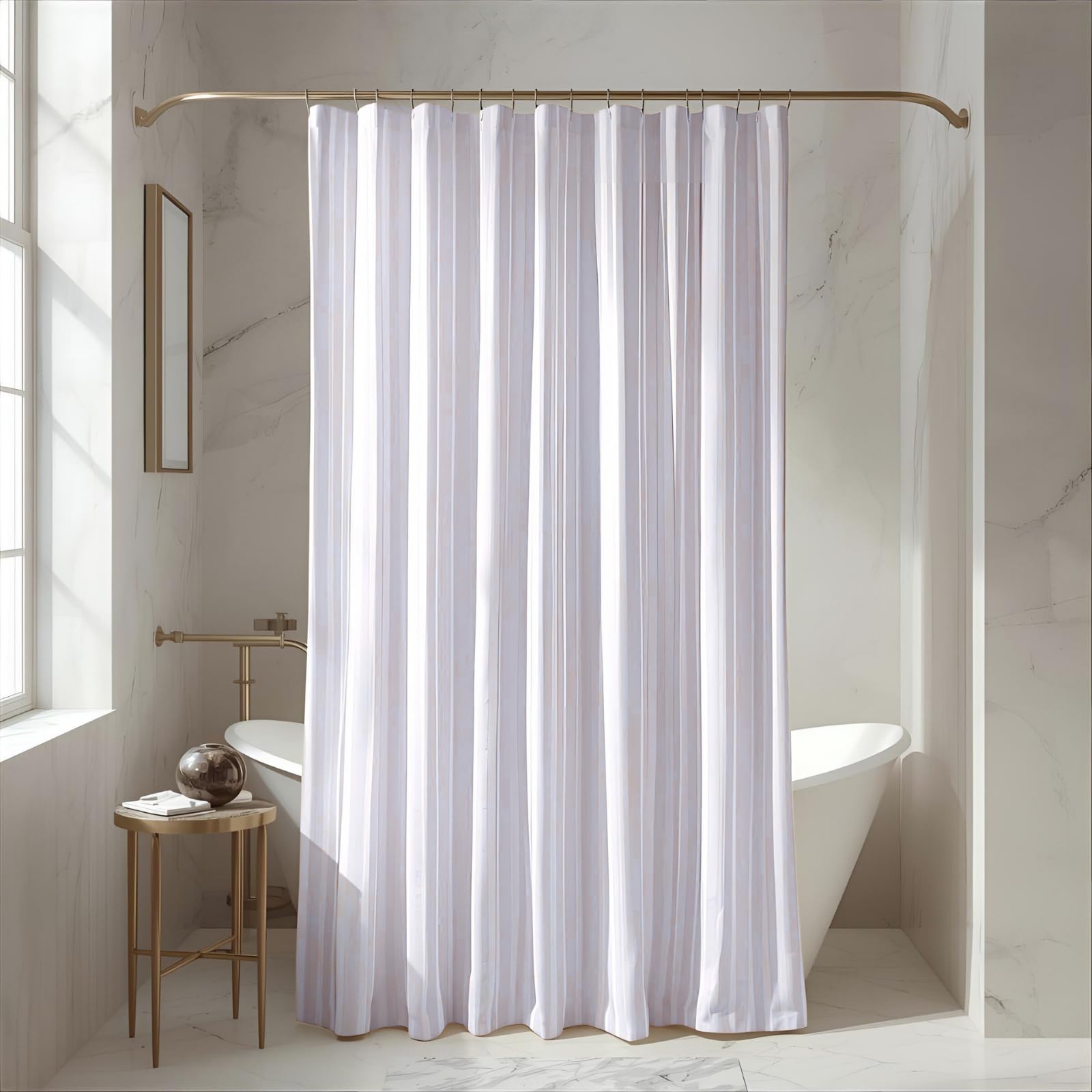RJO Waterproof Shower Curtain W-4ft X L-7 ft White Stripe Patterned with C-Type Hooks,Bathroom Curtain – Quick Dry 100% Polyester Fabric-image-42