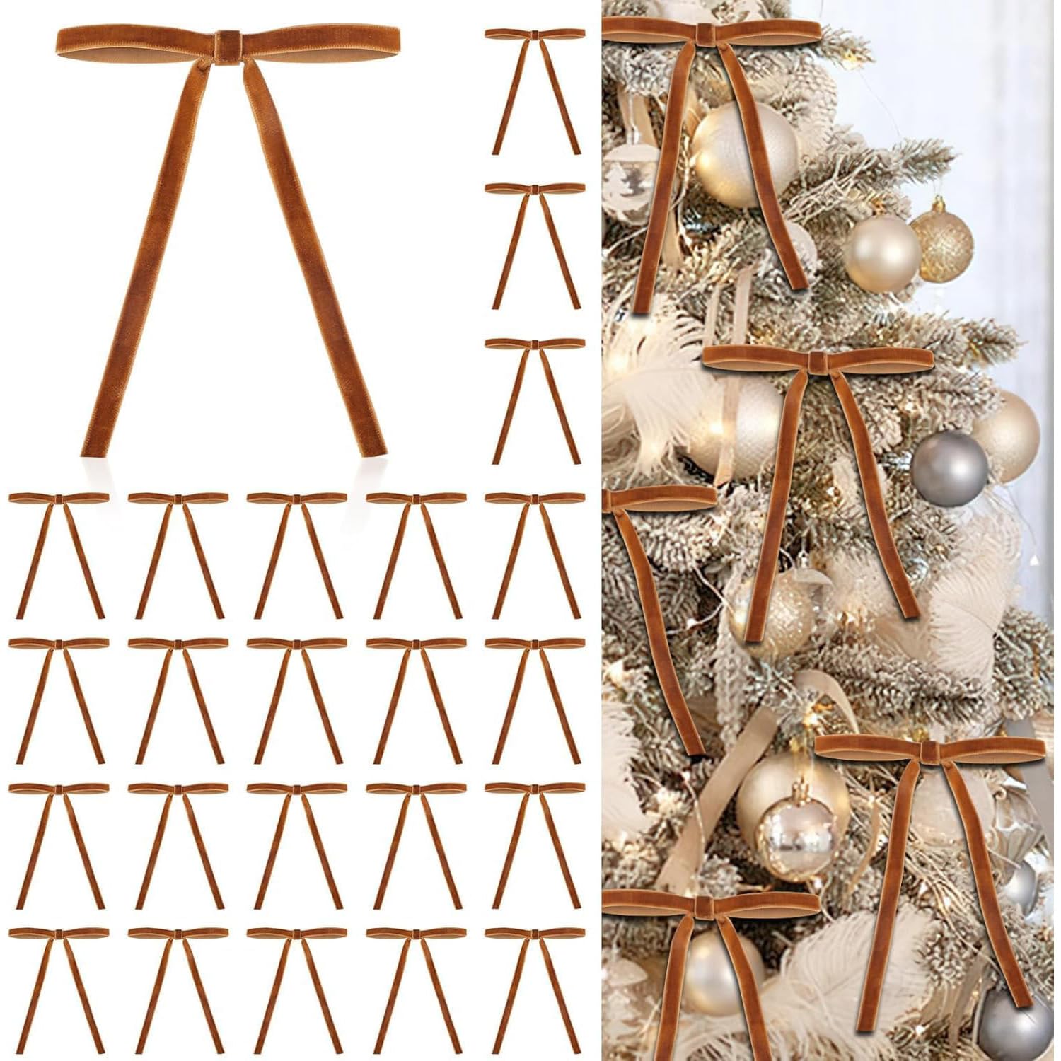 Tasber Dark Coffee 24 Pcs Velvet Bows For Christmas Tree, Christmas Tree Bows Ornaments, Rustic Bows For Door Garland Wreath Gift Party Decoration (Dark Coffee)