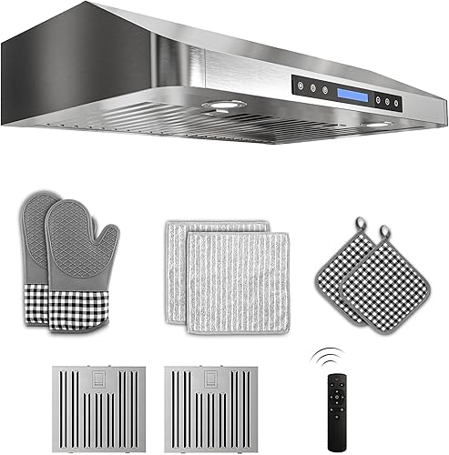 FlyPine 30 inch Stainless Steel Under Cabinet Range Hood - 900 CFM, Ultra-Quiet 4-Speed Vent, Touch/Remote Control LCD, LED Lights, External Venting