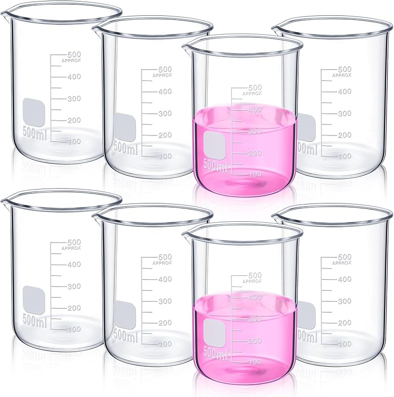Relaxweex 8 Pcs 500 ml Glass Lab Beaker 3.3 Borosilicate Glass Measuring Cup with Spout Low Form Glassware for Laboratories Classrooms or Home Use