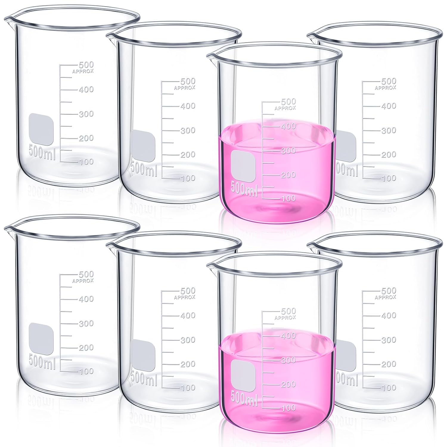 Relaxweex 8 Pcs 500 ml Glass Lab Beaker 3.3 Borosilicate Glass Measuring Cup with Spout Low Form Glassware for Laboratories Classrooms or Home Use