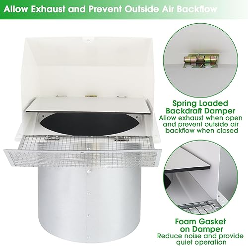 Miniatura 4 de Ventilación de Pared con Capucha de 6 Pulgadas con Malla y Amortiguador, Tapa de Cubierta de Ventilación de Escape de Pared, Cubierta de Ventilación