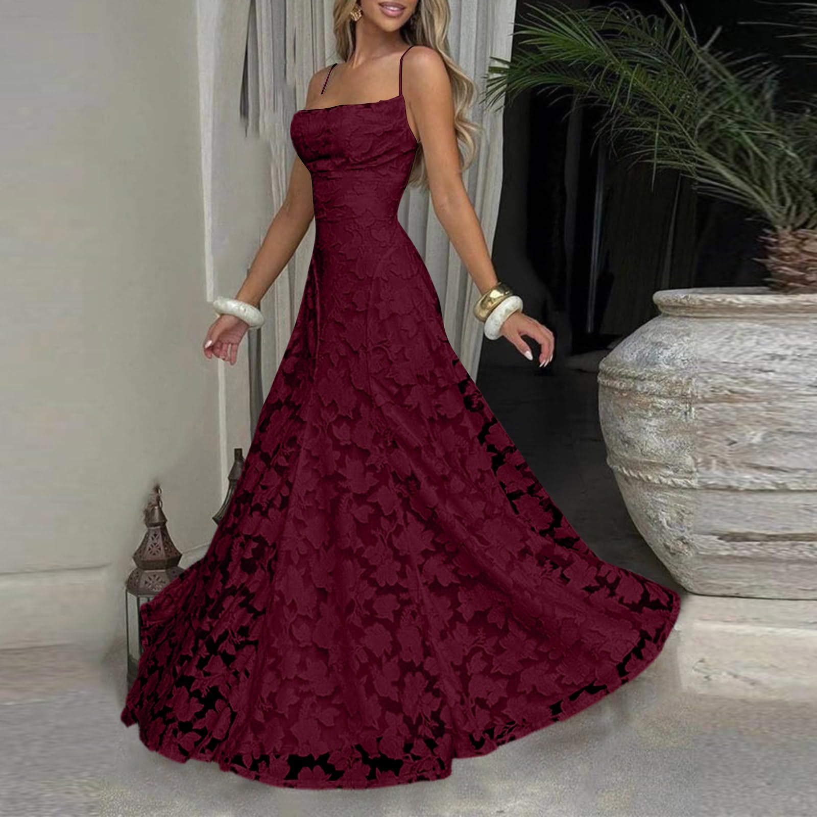 Abendkleid Damen Lang Maxikleid Hochzeitsgast Damenkleider Elegant Festkleid A Linie Kleid Schulterfrei Sommerkleid Spaghettiträger Cocktailkleid mit Spitze Freizeitkleid Rückenfrei