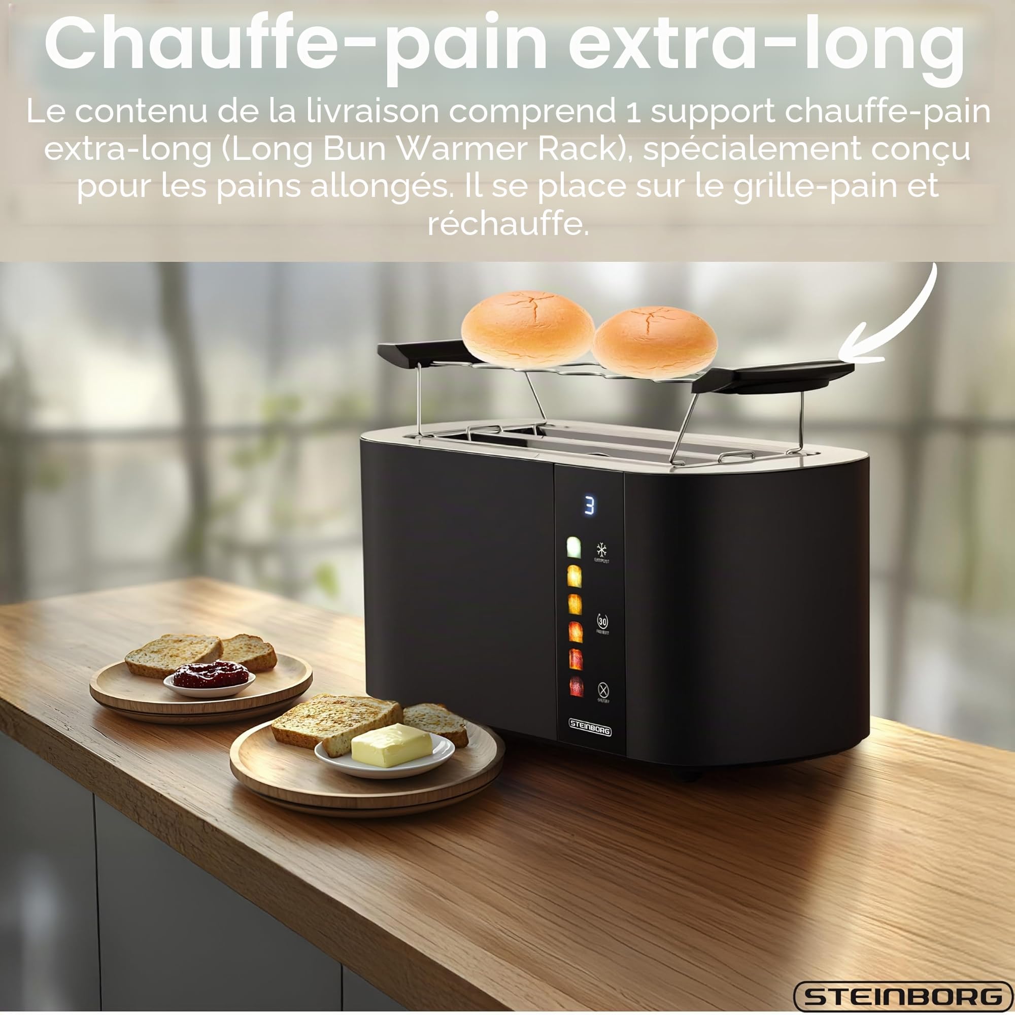 Steinborg® Grille-pain automatique 4 tranches avec grille à viennoiseries, grille-pain à longues fentes, fonction de levage automatique sans levier - Tapis de toast, affichage numérique, centrage du