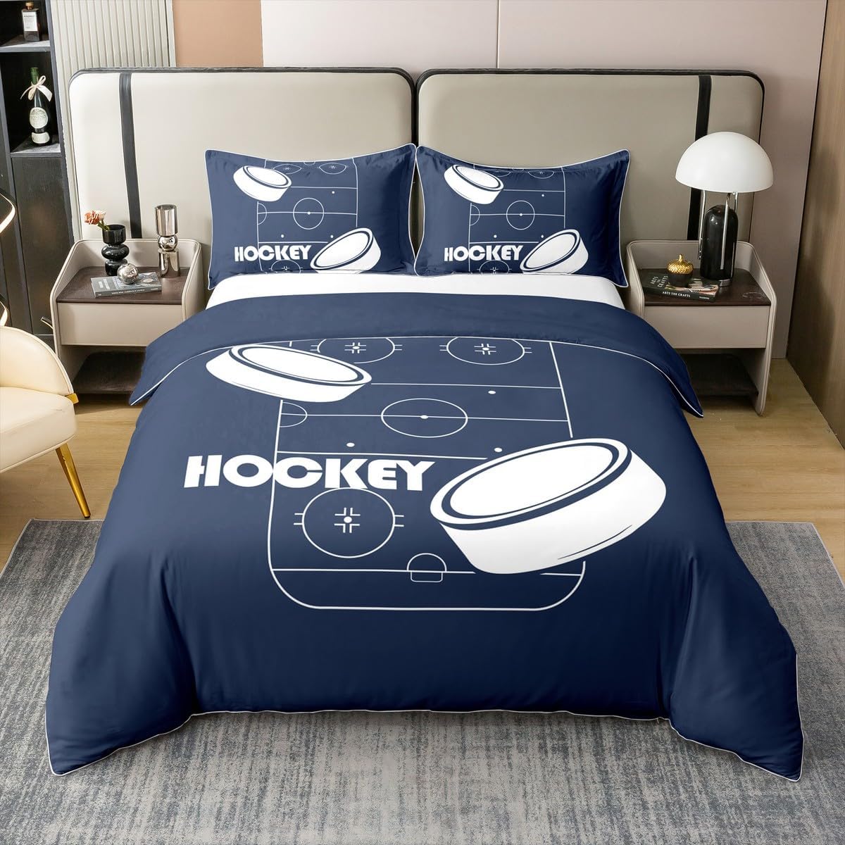 Erosebridal Navy Blue Hockey 100% Cotton Duvet Cover Twin - Sports Themed Bedding Set for Boys Kids, Ice Hockey Rink Bed Set 2 Piece, Winter Ball Game Quilt Cover