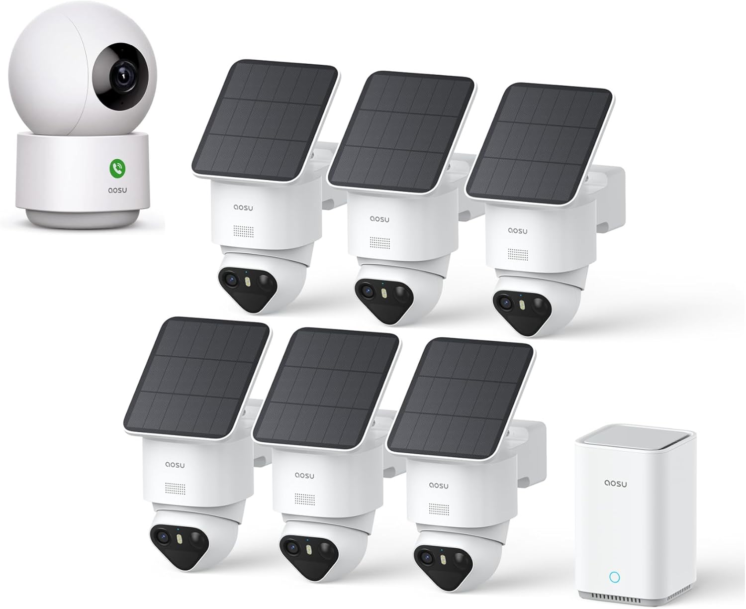 aosu 2K Indoor Security Camera 1Pack + T2 Ultra 4K Solar Outdoor Wireless Security Camera System 6-Cam Kit