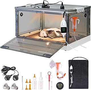 Puppy Incubator for Puppies Newborn Kittens Dog Pet Brooder Incubator with Heating Lamp, Pet Feeder Kits, Temperature and Humidity Detection (55L)
