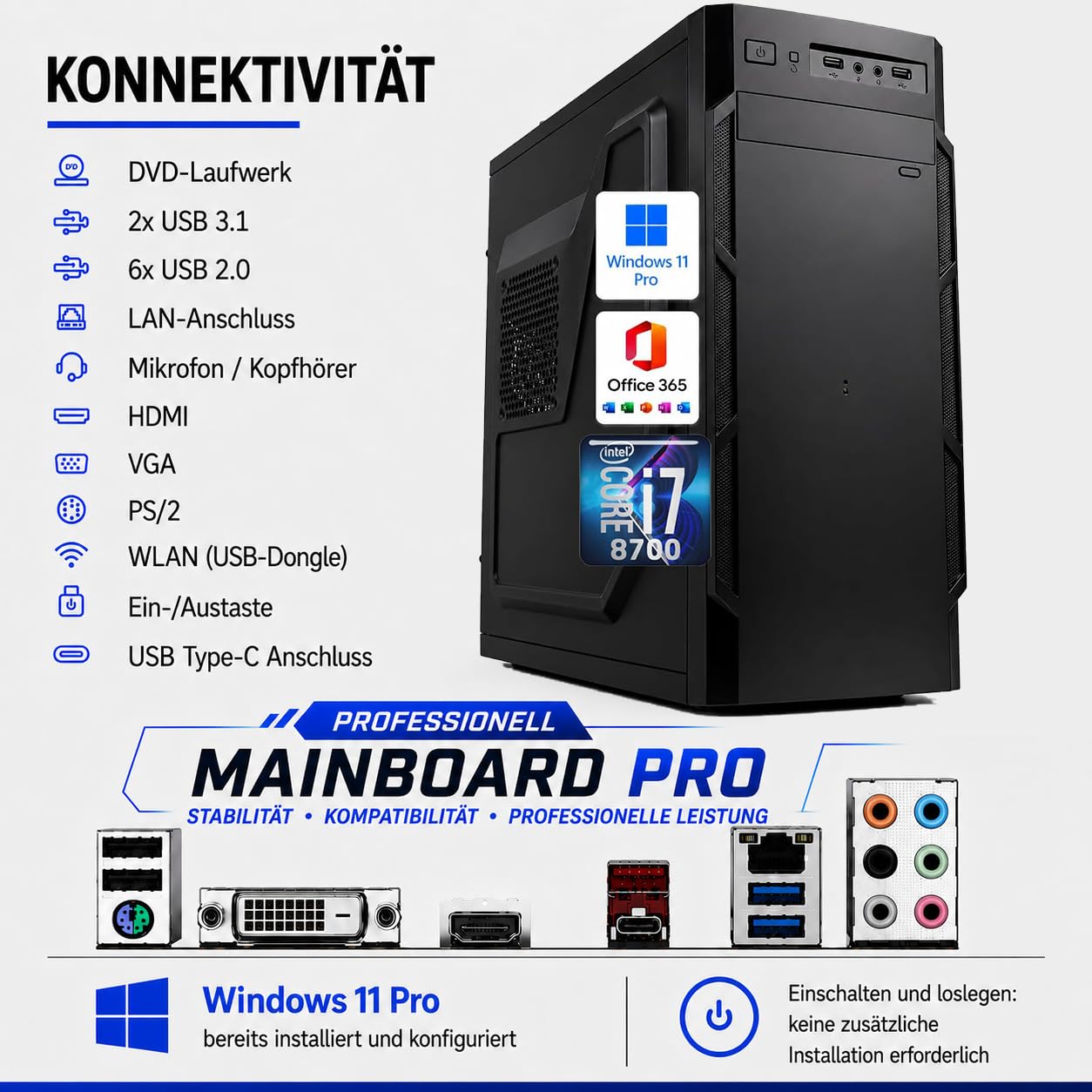 Desktop-PC • Intel Core i7-8700 • 16 GB RAM DDR4 • 512 GB SSD nvme • Windows 11 Pro • WiFi • Office 365 • sofort einsatzbereit • USB 3.0