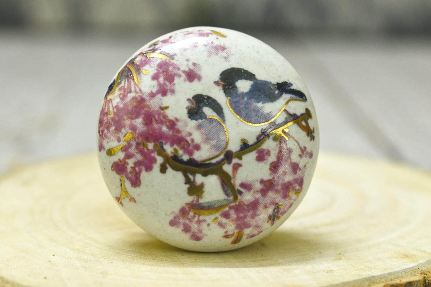 Printed Ceramic Knobs - Set of 10 Bird Print Ceramic Knobs for Kitchen Cabinet Drawer | Decorative Cupboard Door & Wardrobe Drawer Pulls Furniture Hardware Handle (1.5-inch Diameter) (Pink)