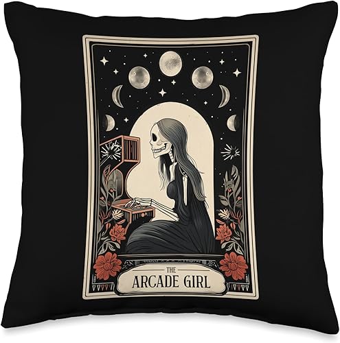 The Arcade Girl Retro Arcade Gaming 80s Tarot Card Skeleton Throw Pillow