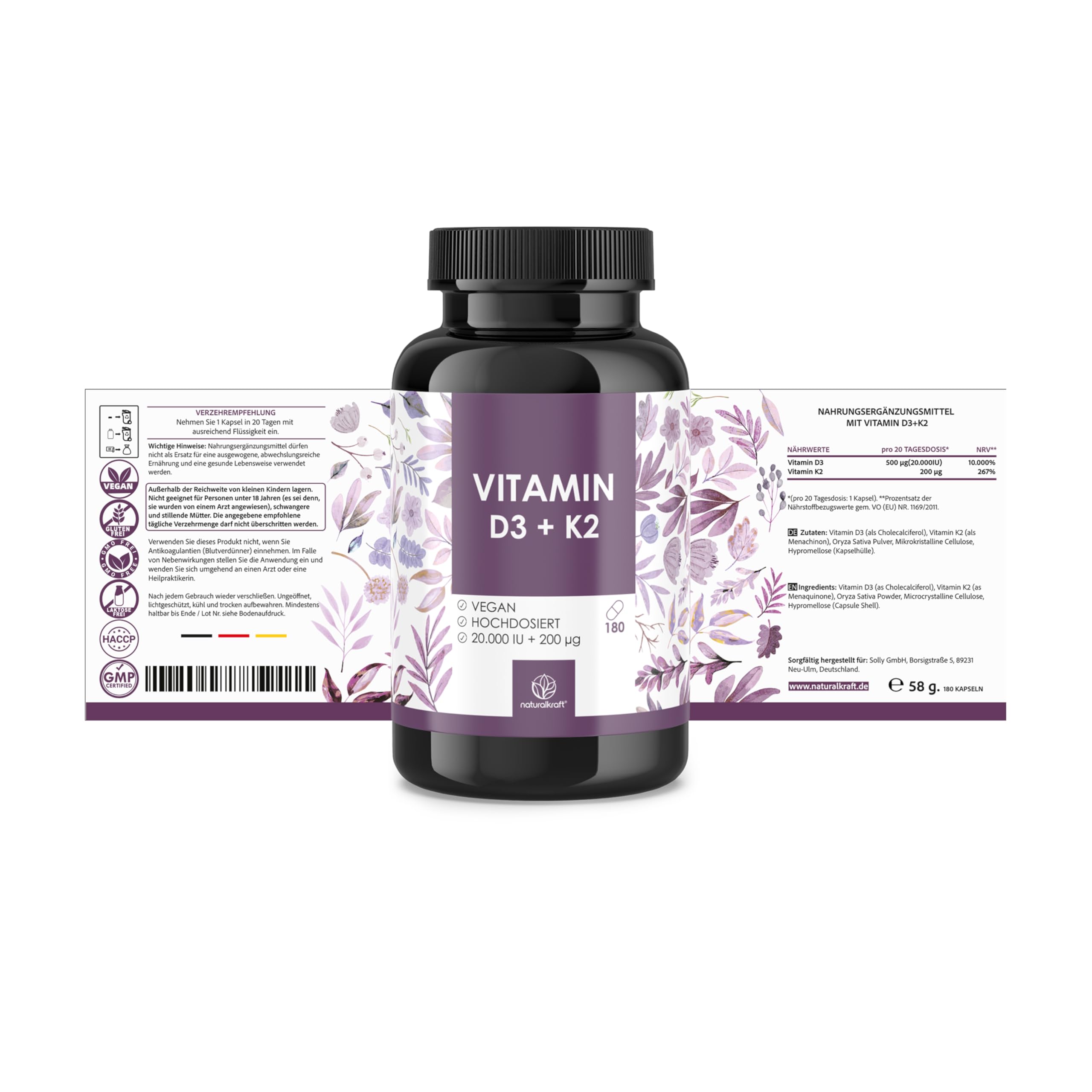 Premium Vitamin D3 + K2-20.000 I.E. + 200 µg – 180 vegane Kapseln – Hochdosiert – Deutsche Markenqualität