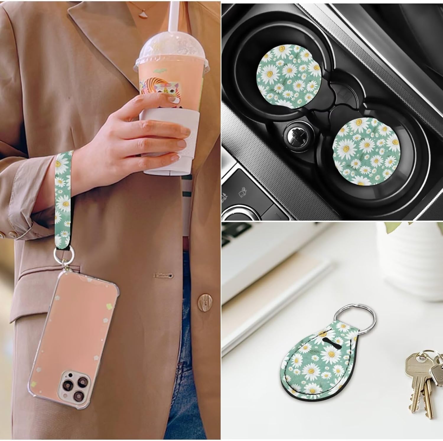 White Daisy Car Seat Covers Full Set Set 14 Pcs with Car Headrest Covers Cars Steering Wheel Cover Auto Seat Belt Cover Wristlet Keychain for Cars Sedans and SUVs