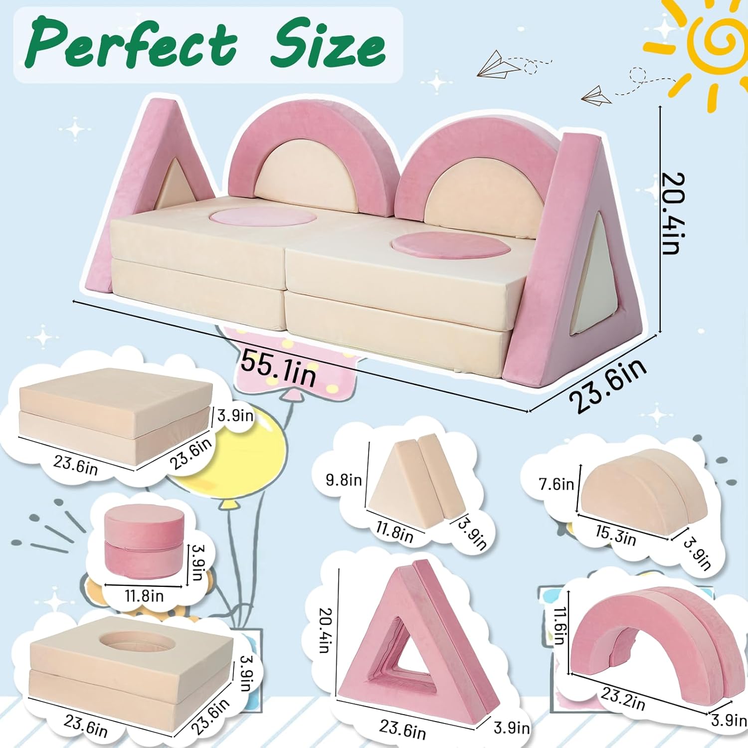 Modular Kids Play Couch - Kids Couch for Playroom Bedroom DIY Creativing Versatile Toddler Sofa Convertible Foam and Floor Cushion for Fort Building Child Sectional Sofa for Boys and Girls - Image 2