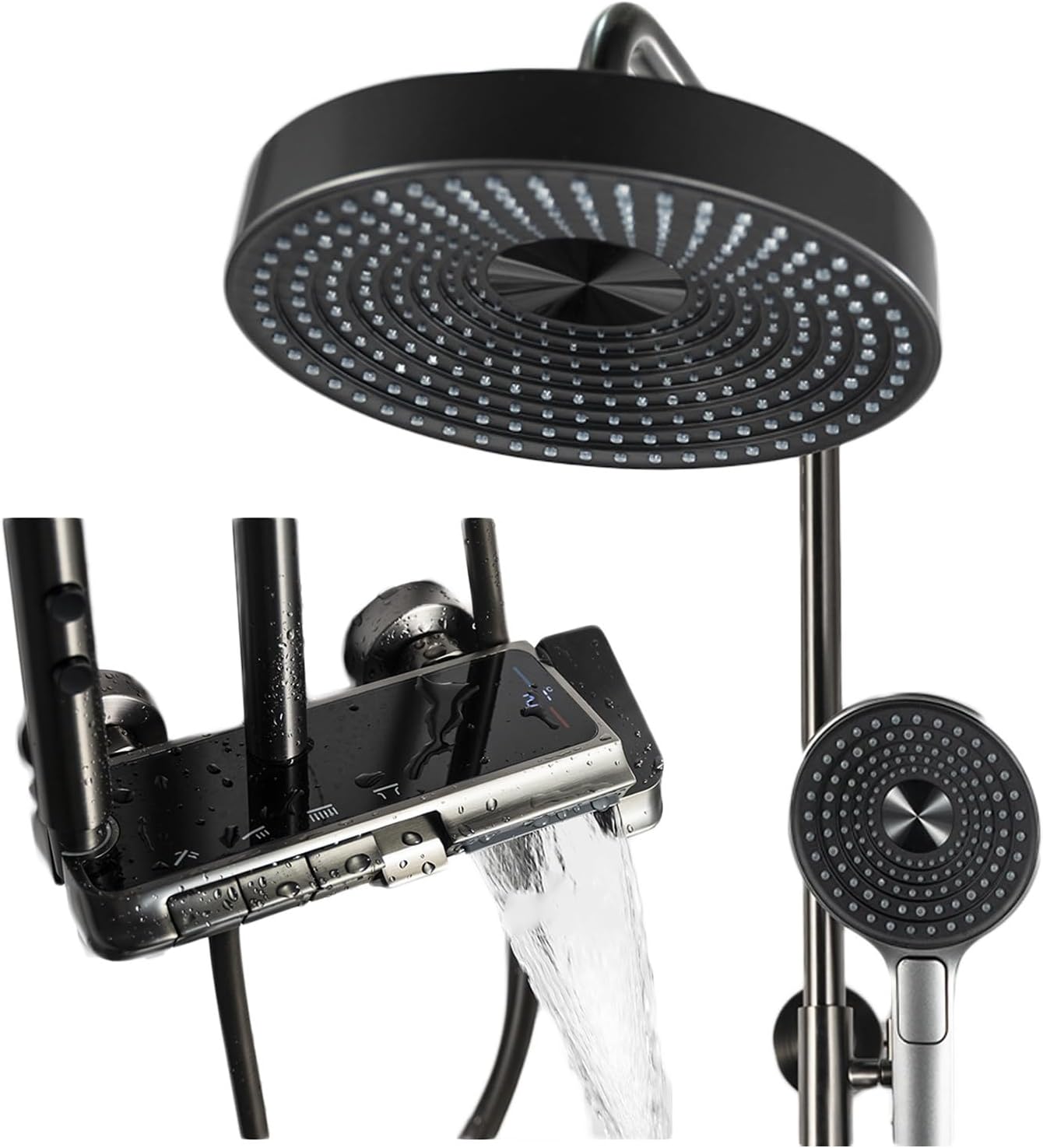 Shower System, Bathroom Shower Faucet Set Digital Display Shower Fixtures 4 Functions Shower Kit with Valve and 3 Modes Handheld Shower Head, Waterfall Bathtub Faucet, 2 Modes Bide