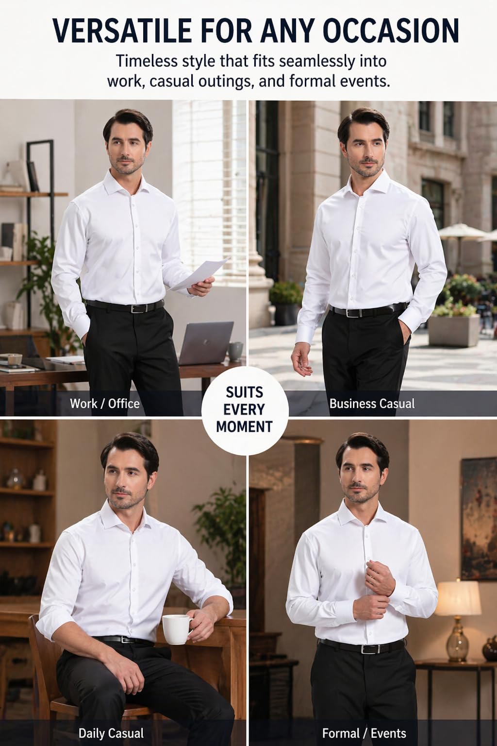 Camicia da uomo elasticizzata, colletto Windsor, polsini francesi, camicia formale a maniche lunghe con colletto rimovibile, tinta unita