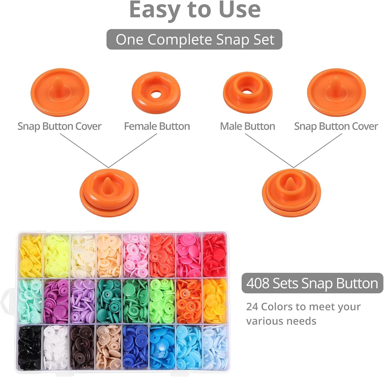 Tanice Plastic Snap Pliers, 408-Piece Plastic Snap Buttons Kit, 24 Colors T3/T5/T8 Snap Fasteners with Aluminum Pliers, Storage Box & Tools for Baby Clothes, Pet Gear, Crafts & Bags