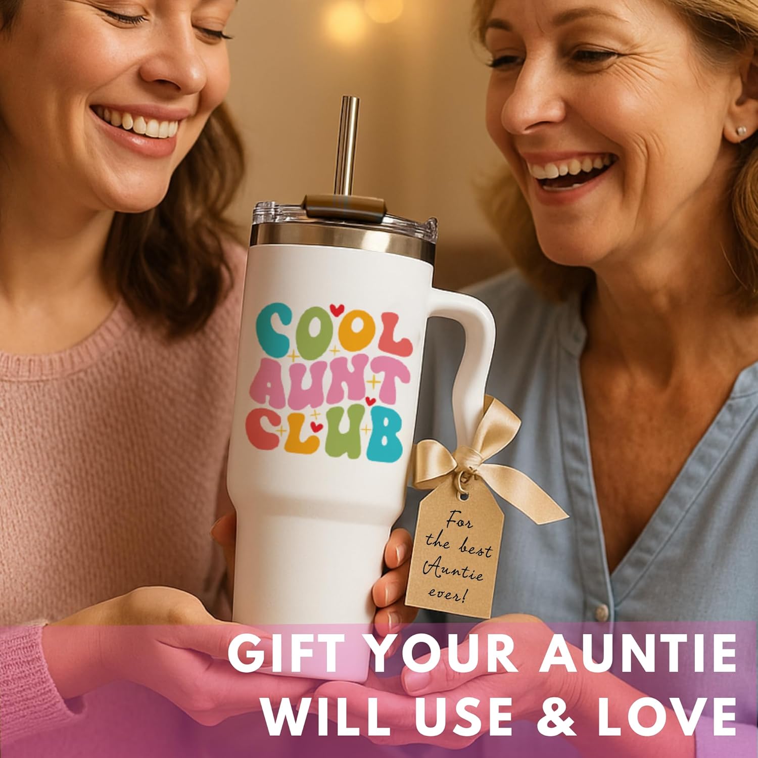 Valentine Gift for Aunt - Cool Aunt Club Coffee Tumbler 40Oz, Best Auntie Gifts from Niece Nephew for Birthday, Mothers Day, Presents for First Time & Best Auntie Ever, New Aunty Cup with Handle Straw - Image 2