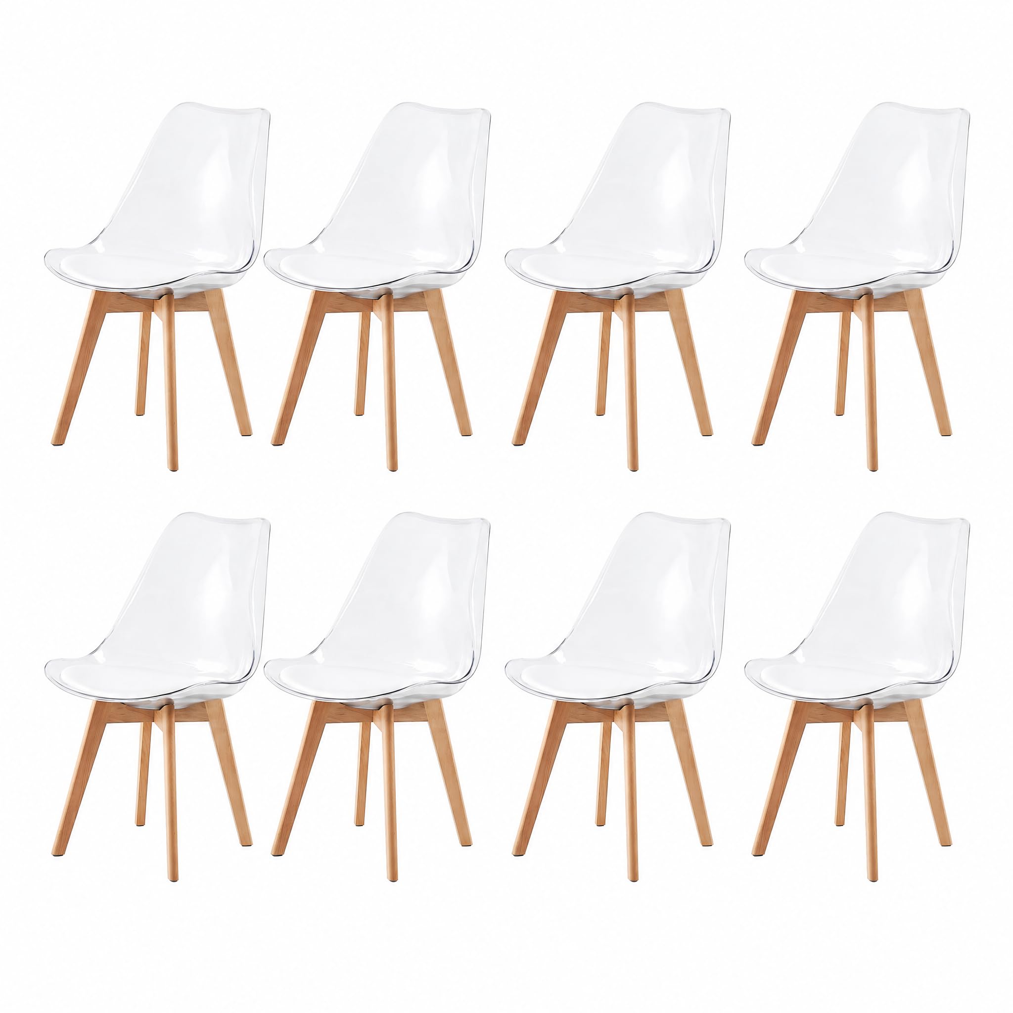 EGGREE Scandinavian Dining Chairs Set of 8, SGS Certified, 4 Transparent Kitchen Chairs with Solid Beech Wood Legs and White PU Leather Seat Cushion