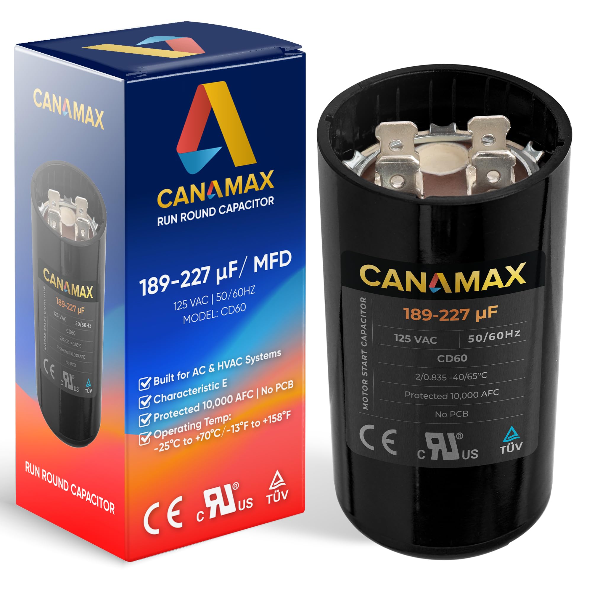 189-227 uF 189/227 MFD uf 50/60Hz 125 VAC Volts ±20% Round Start Capacitor - Compatible with Single-Phase Electric Motors