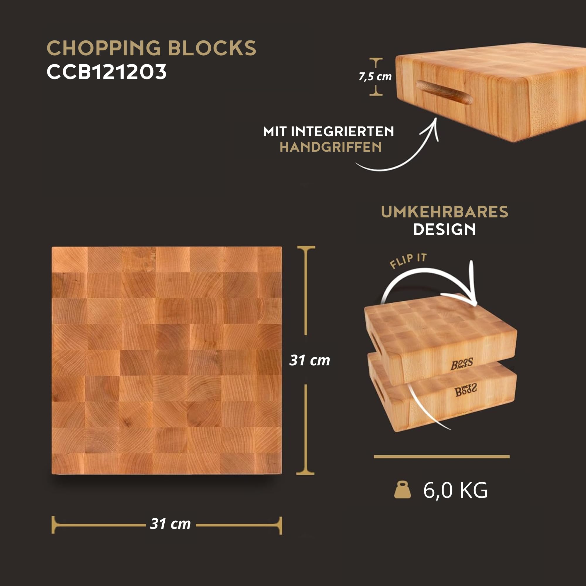 John Boos Stirnholz Schneidebrett Block 12" x 12" x 3 maple, Ahorn | Extra Dick - Nordamerikanisches Ahorn-Hartholz - Hirnholz Schneidebrett - Hackblock Holz - Schneidbrett Antibakteriell Groß
