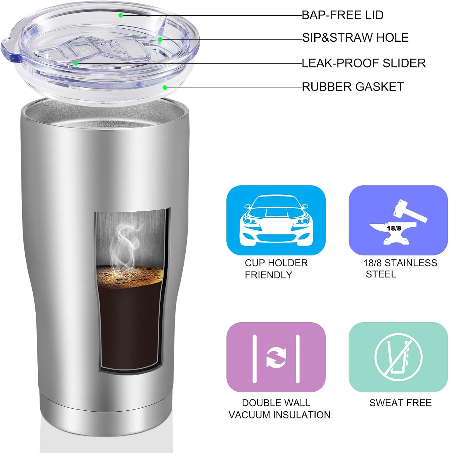 VEGOND 20oz Tumbler Stainless Steel Tumbler Cup with Lid And Straw Vacuum Insulated Double Wall Travel Coffee Mug(Stainless 12 Pack) - Image 3