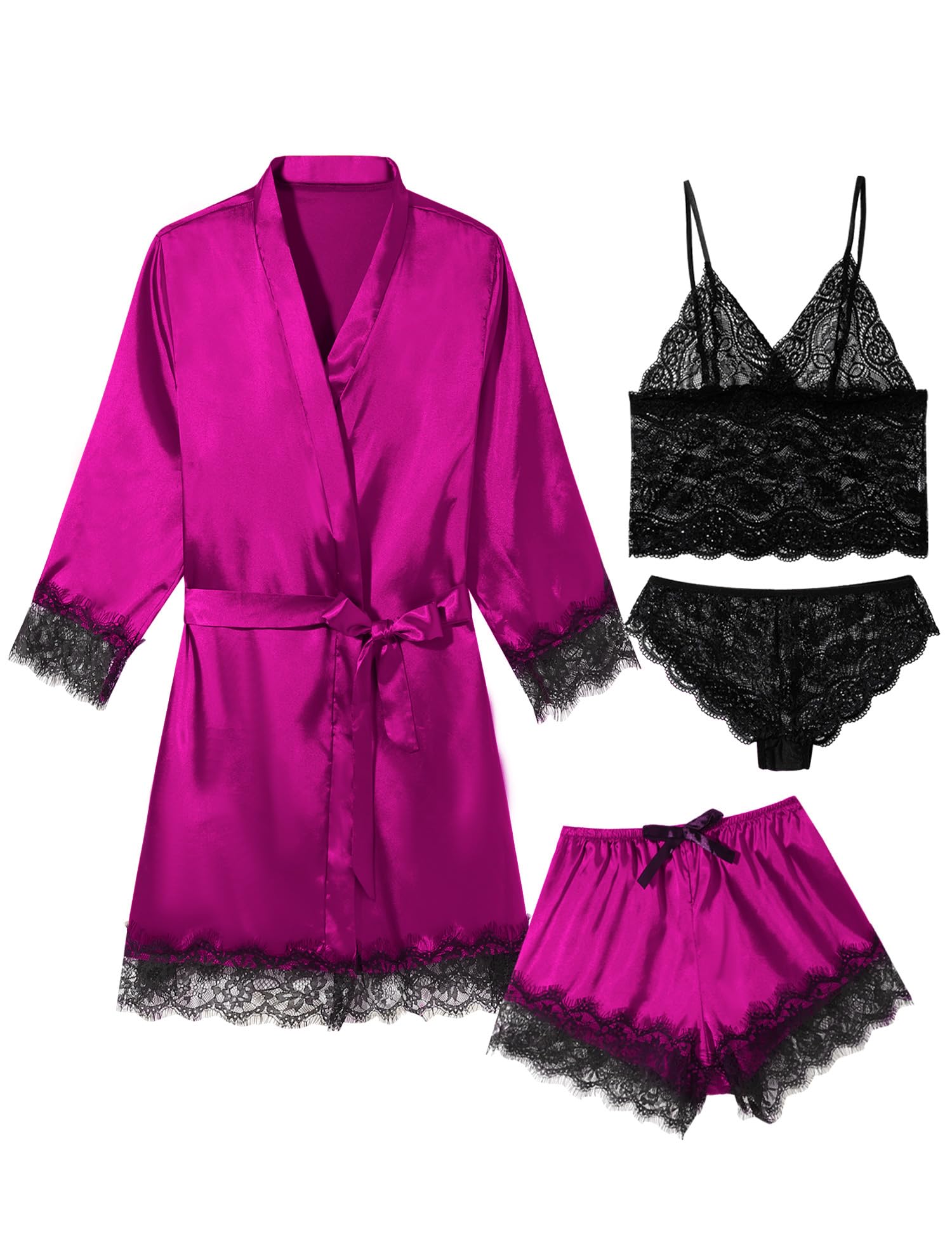 Sexy Pajama Set for Women Silk Lingeries 4 Piece Pjs Robes Set Satin Cami Shorts Sleepwear Lace Floral Loungewear