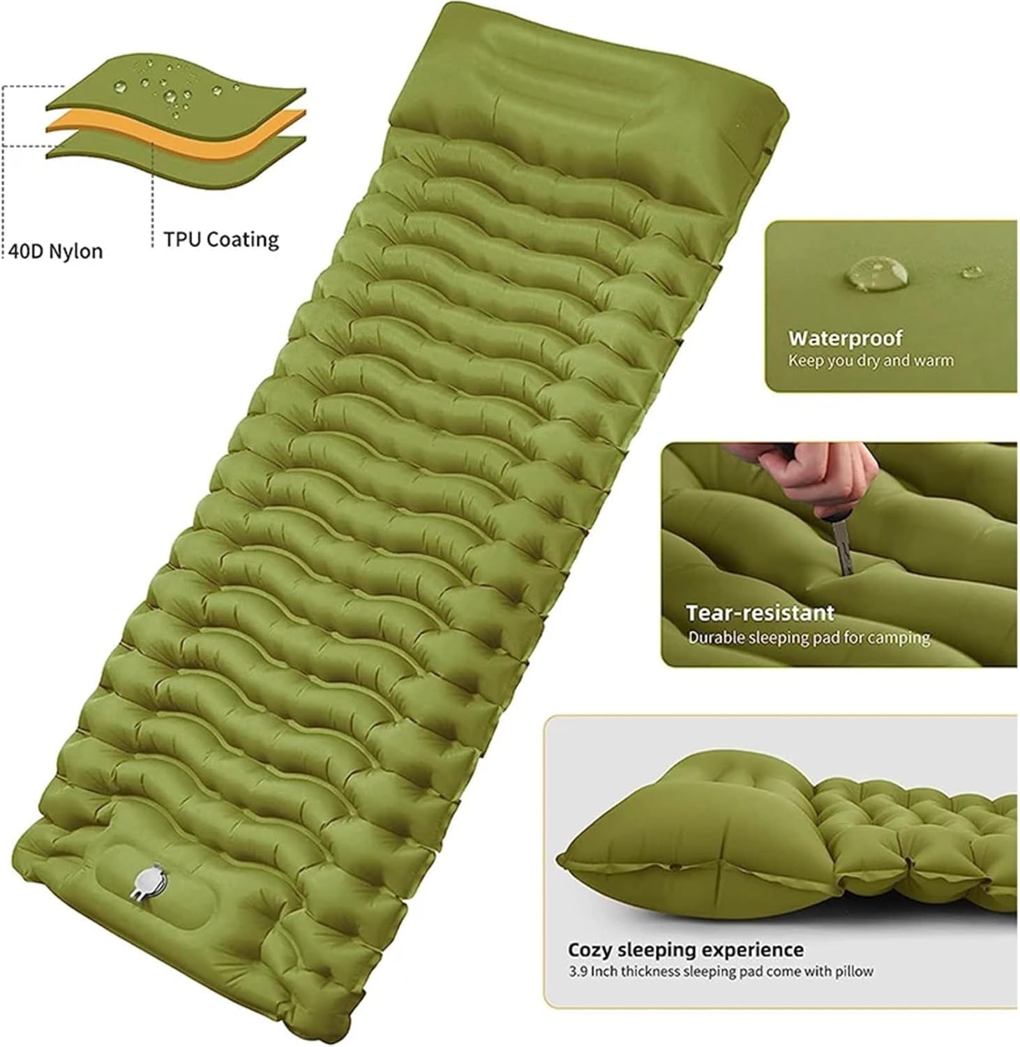 Thicken Camping Inflatable Mattress - Built-in Pillow & Pump Air Pad for Travel Hiking Climbing Outdoor(Blue)