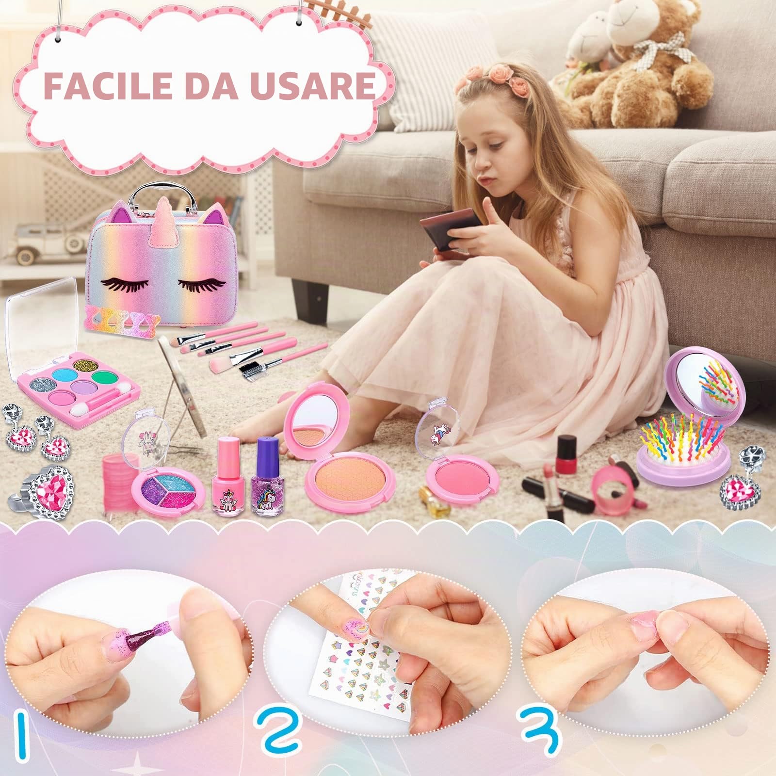 Trucchi Bambina Set 31 pezzi, Lavabile set di trucchi per bambini, Trucchi bambina anallergici, Valigetta Trucchi Bambina, Giochi Regali di Compleanno di Natale per Ragazze 3 4 5 6 7 8 9 10