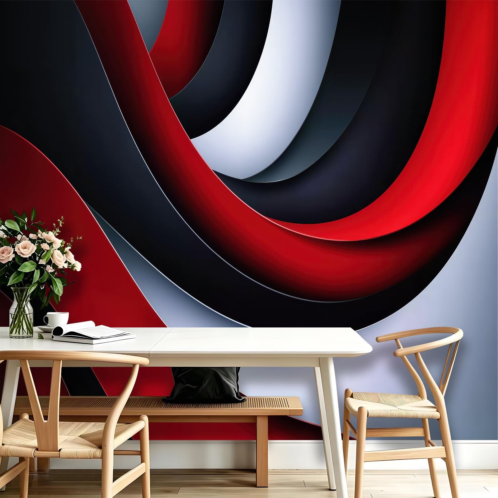 Carta da parati murale in tessuto non tessuto, 300 x 210 cm (L x A) - Decorazione da parete industriale astratta curve rosso nero bianco per sala riunioni moderna sala giochi
