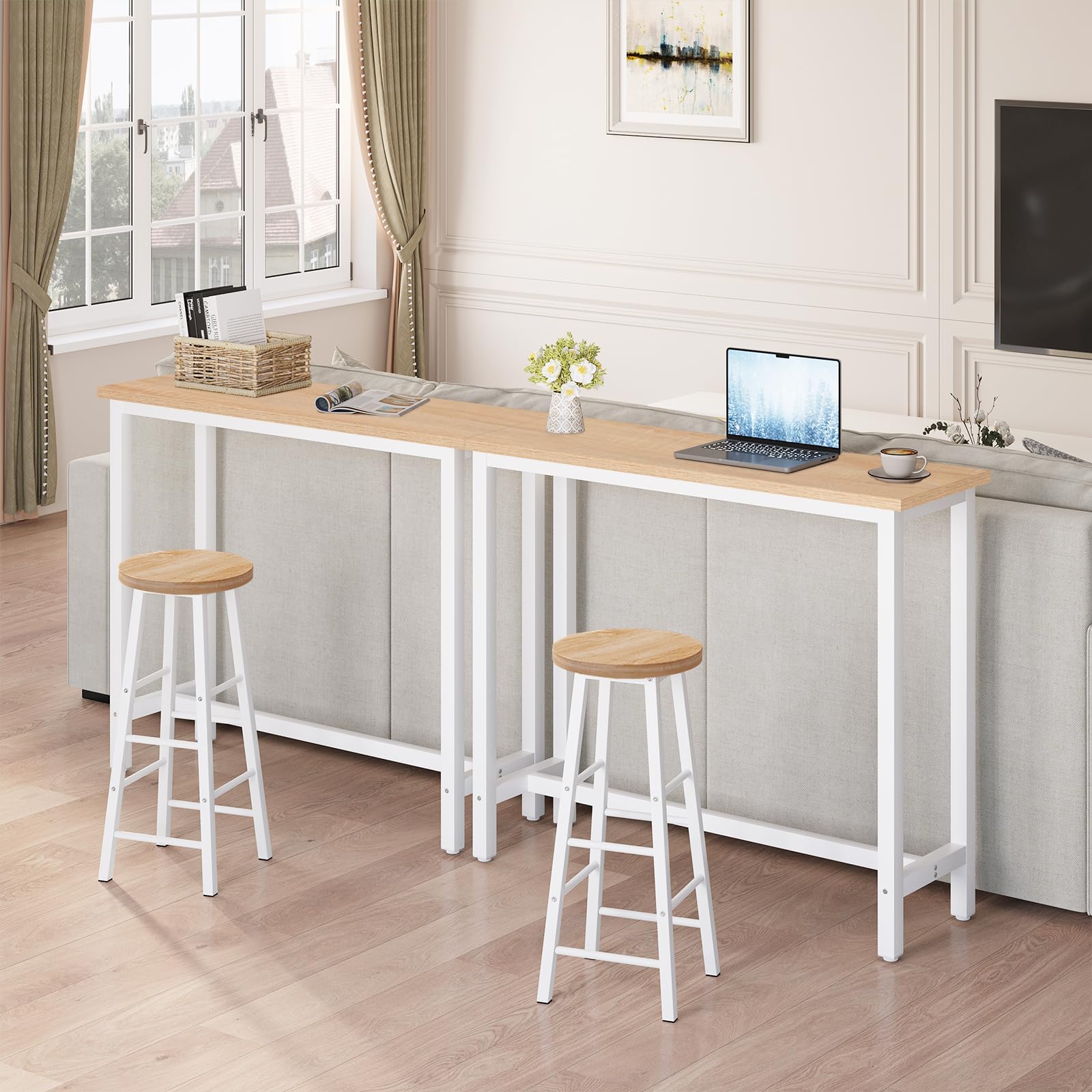 WOLTU Tavolo Alto con 2 Sgabelli, Set Pranzo per Cucina, Sala da Pranzo, Isola da Cucina, Sgabelli Rotondi, Struttura in Metallo, Design Industriale, Rovere Chiaro
