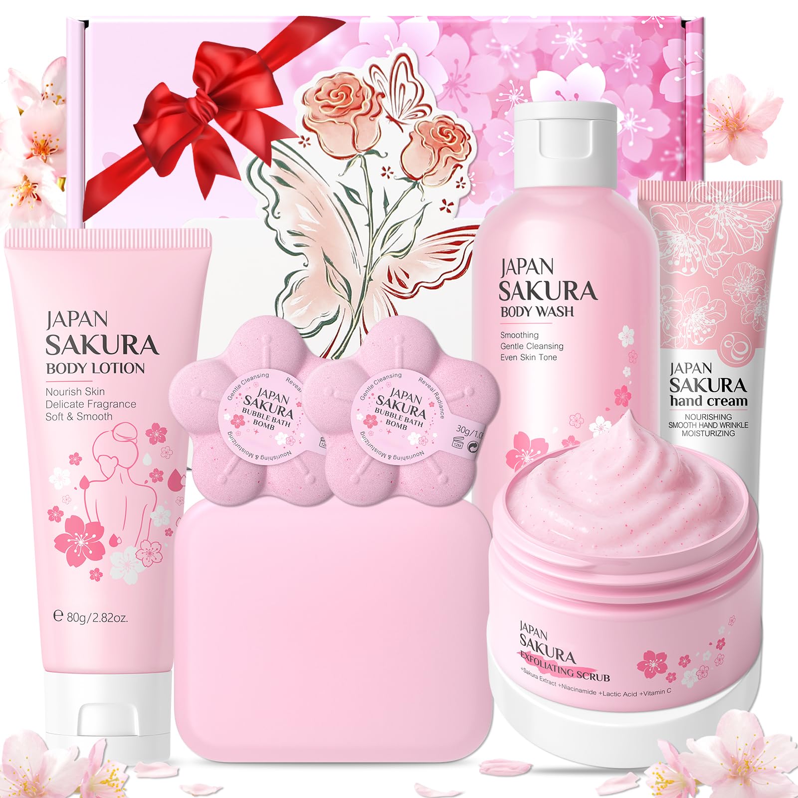 Sakura Bath & Body Care Set, 8Pcs Pampering Scented Collection with Shea Butter & Hyaluronic Acid for Hydrating & Nourishing, Birthday Christmas Fragrance-Infused Self-Care Gift for Women Teen Girls