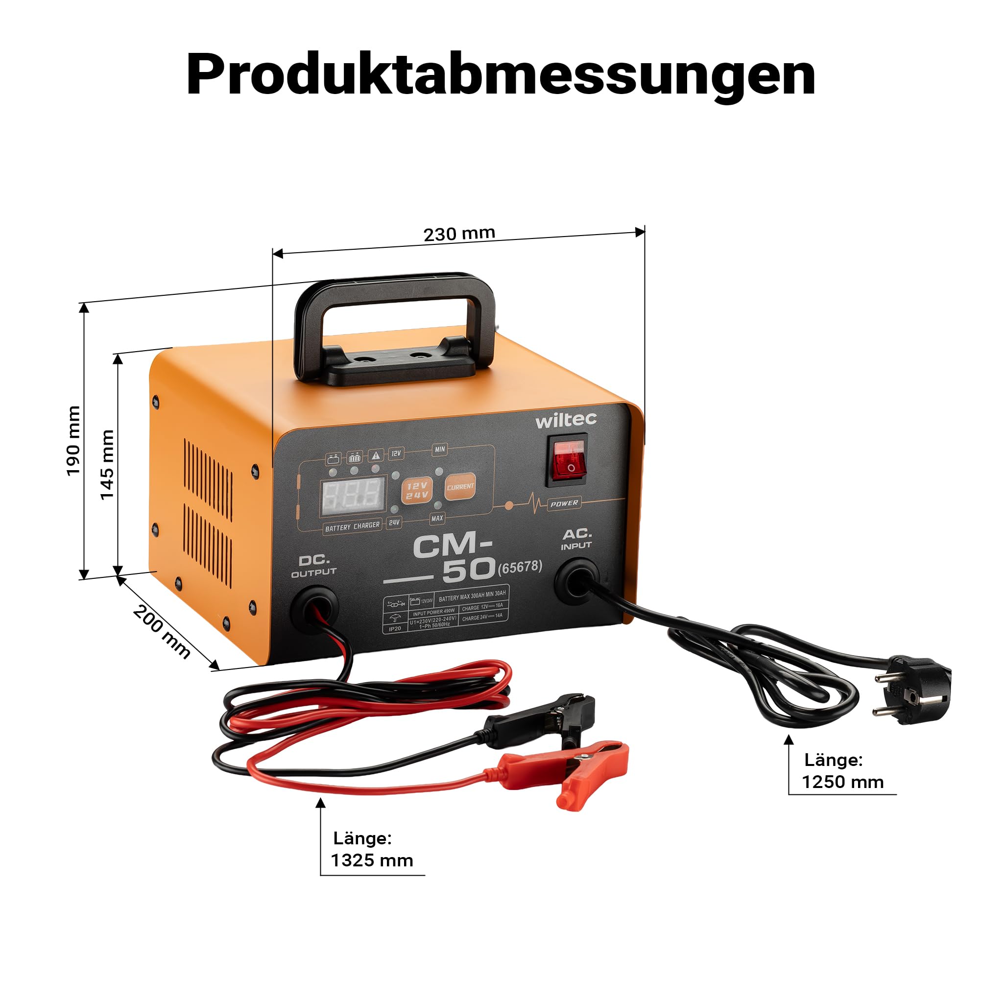 Wiltec Ladegerät 12-24 V, 16 Ah, 30-300 Ah für Autobatterie Kfz und Motorrad Starthilfe 490 W, intelligenter Lader mit LCD-Display und Tragegriff