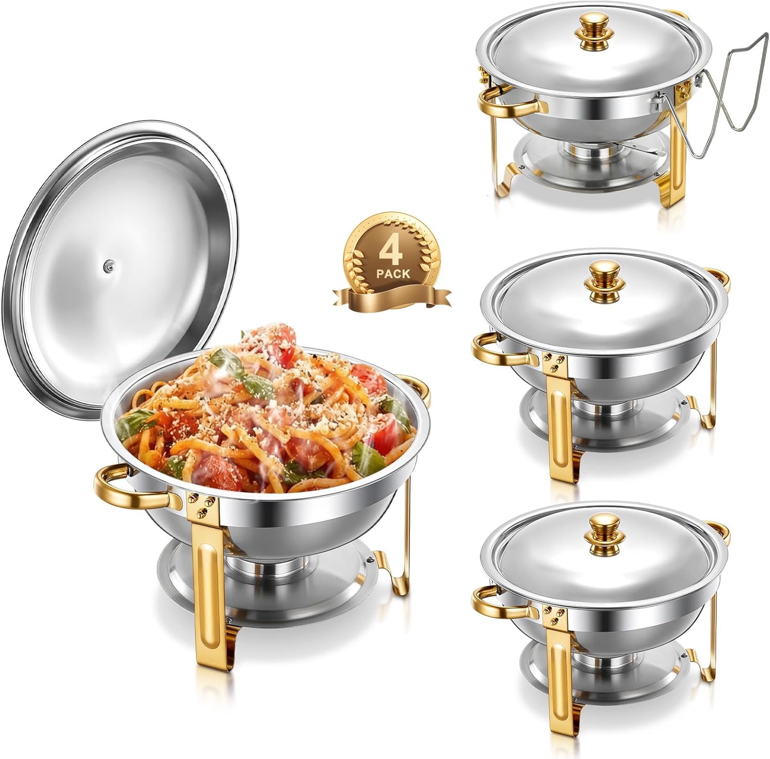 Chafing Dish Buffet Set 4 Pack, 6QT Round Stainless Steel Food Warmers for Home Family Gatherings, Holiday Parties, Gold & Silver Set with 4 Pans/Lids, Perfect for Catering & Special Events