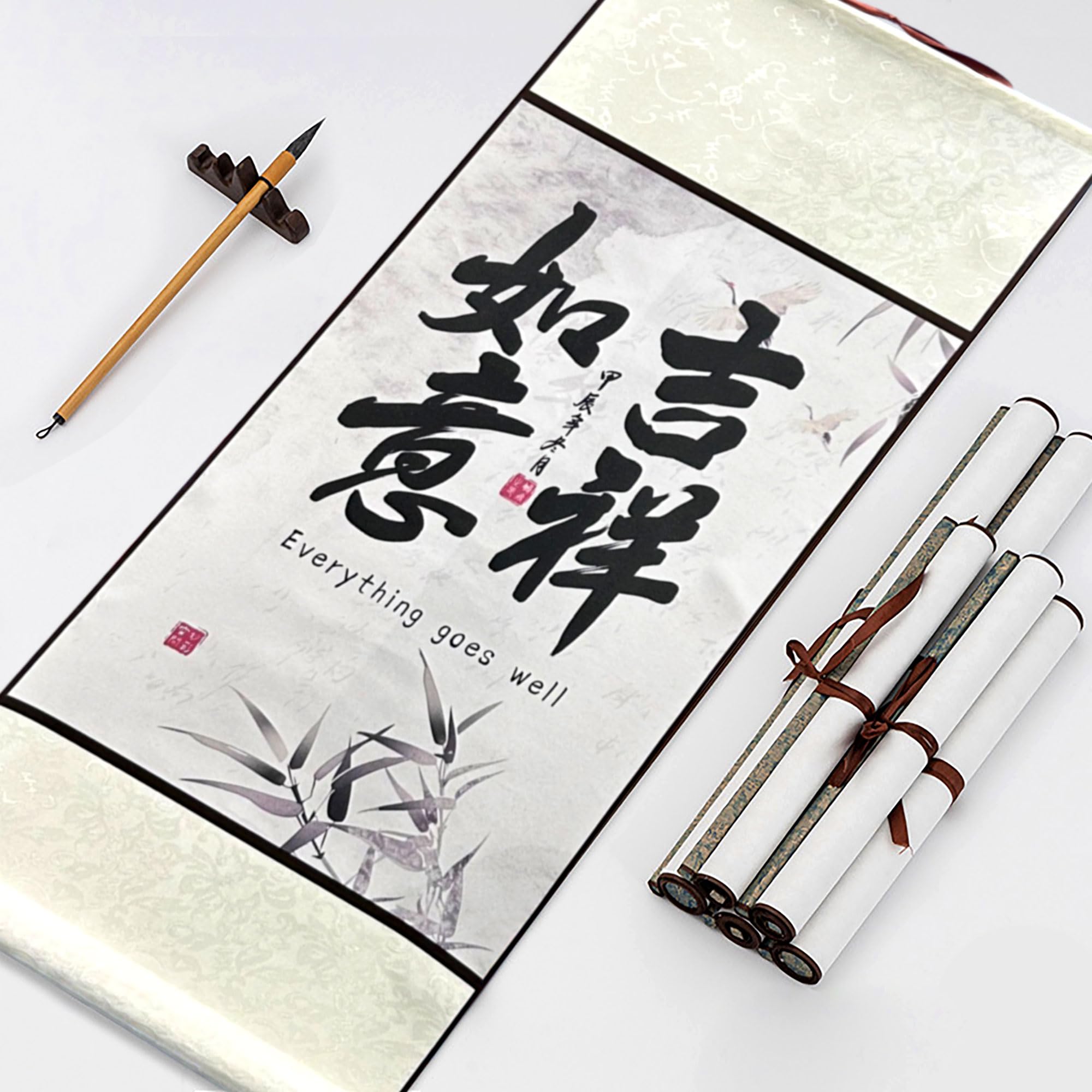 BACH AND BOUJEE Chinesische Kultur Malerei Scrolls Silk Hanging Paintings Alles läuft gut Asiatische Dekoration für Zuhause Hängende Gemälde für Wohnzimmer Chinesischer Segen Hängende Malerei