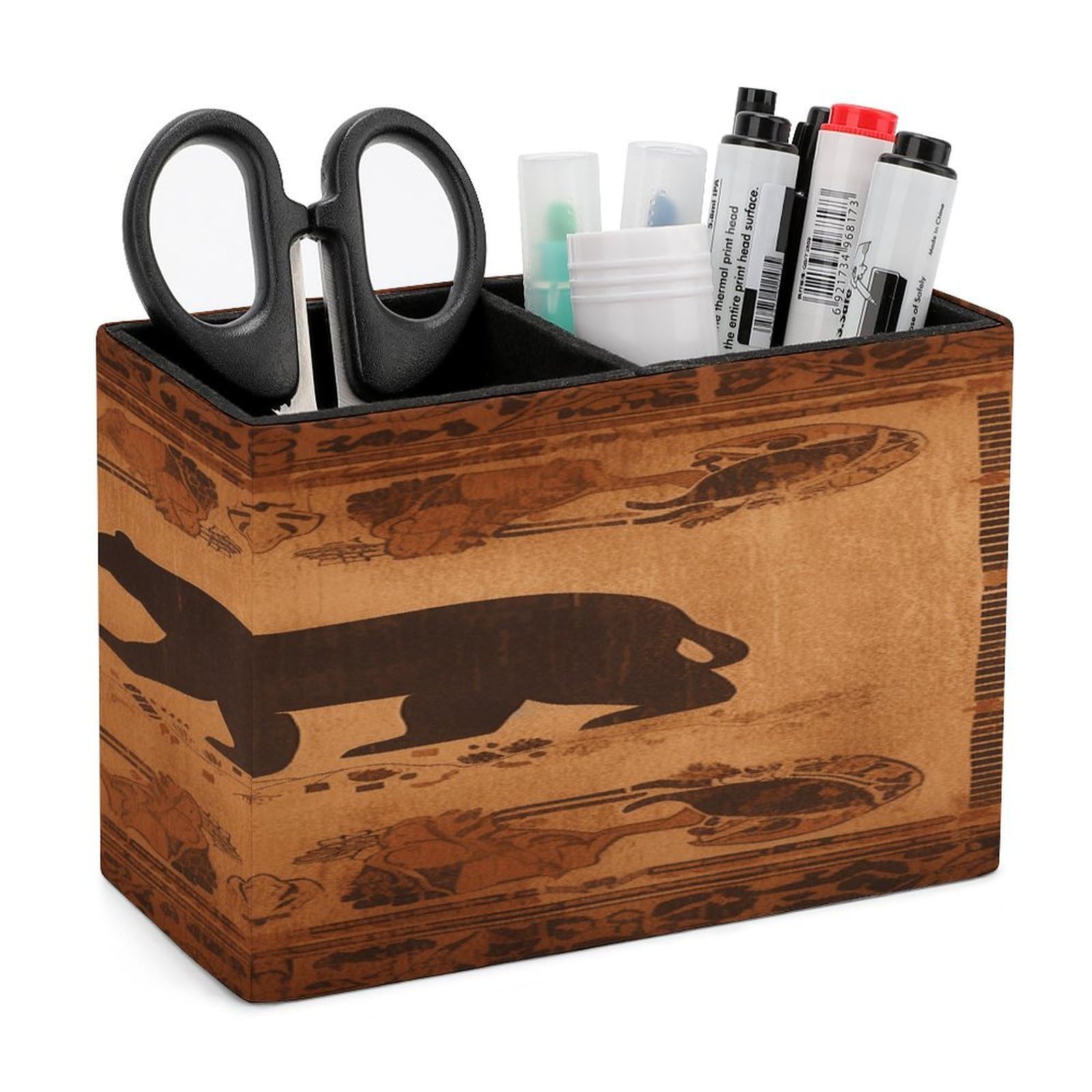 VstaDank Bear Pencil Holder for Desk Organizer 2 Compartments Pen Cup Leather Square Pen Holder Pencil Cup Stand Makeup Brush Holders for Desktop Organizer Storage Case