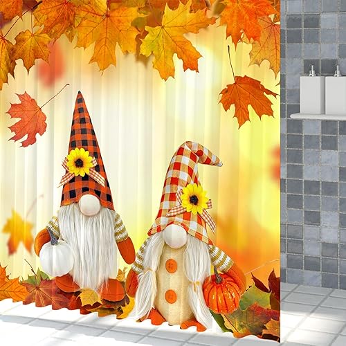 Vista 59 de Yeele Cortinas de ducha de otoño de Acción de Gracias, bonita cortina de ducha de gnomo y calabaza para baño, borde de rejilla blanca y negra