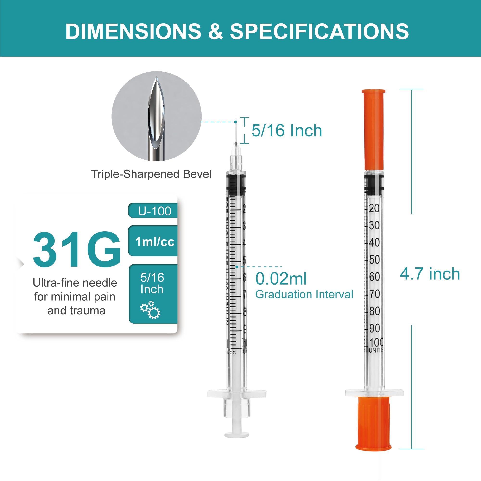 U-100 Syringes with Needles - 1ml 31G (100 Pack) -2