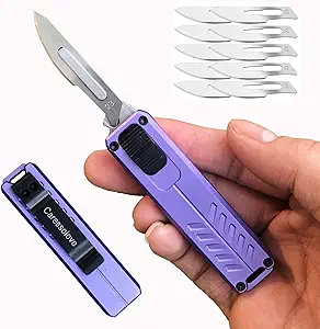 Automatic Utility Knife, Safety Black Box Cutter Retractable, EDC Push Button Knife, Exacto Scalpel Knife, 10PCS #23 Razor Blades Pocket Knife with Clip (Purple)