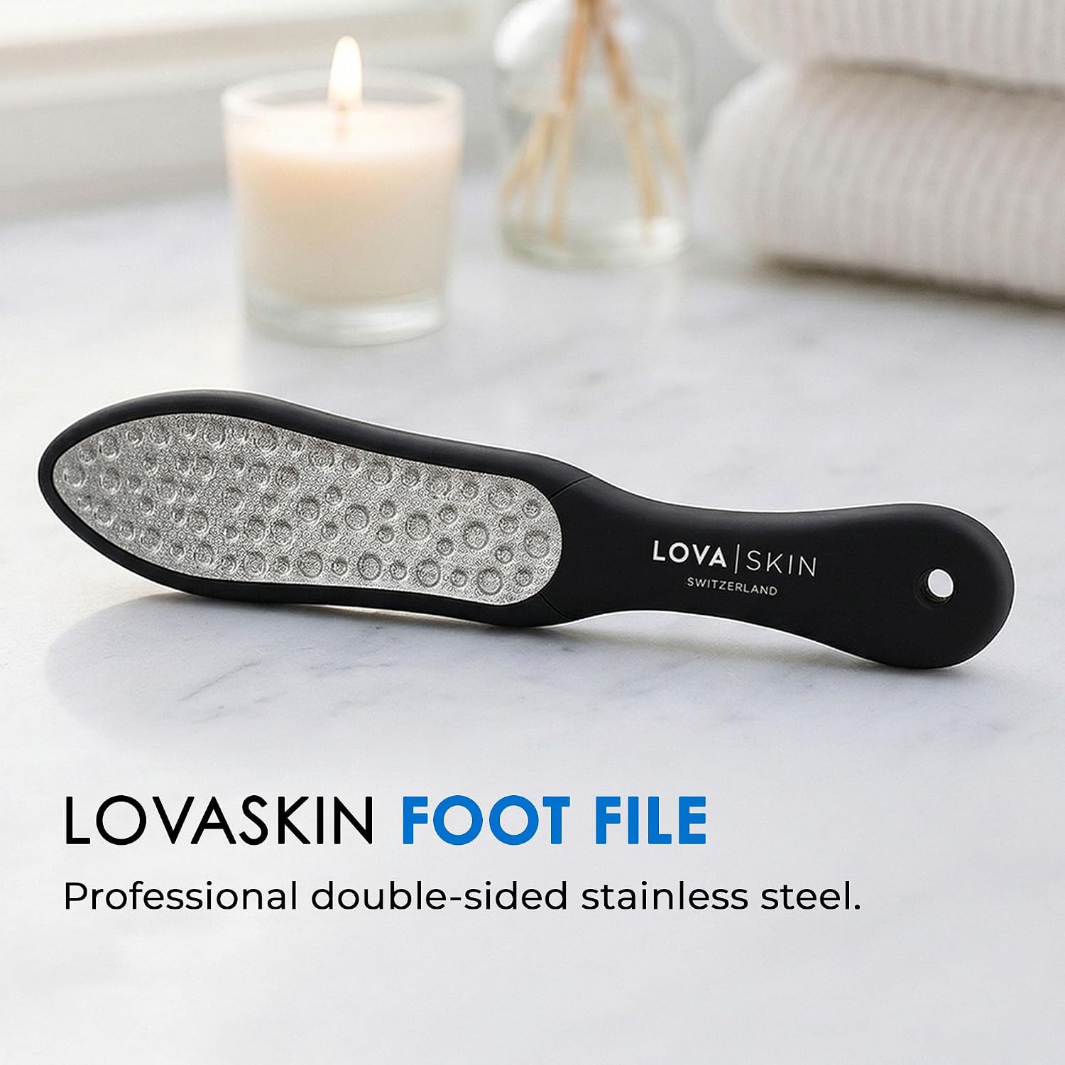 LOVA Skin Black Professional Foot File | Stainless Steel Foot Scraper and Callus Remover Tool | Double-Sided Pedicure Foot File for Dead Skin and Hard Heel Removal | Durable Hygienic Design