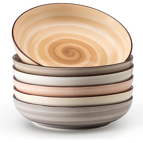 Sweese Pasta Bowls Set of 6, 30 Ounce Ceramic Salad Plates for Dishwasher & Microwave Safe - Solid Salad Bowls, Soup Bowls - Deep Plates Lipped Edges, Oven Safe Porcelain Plates Serving Bowls